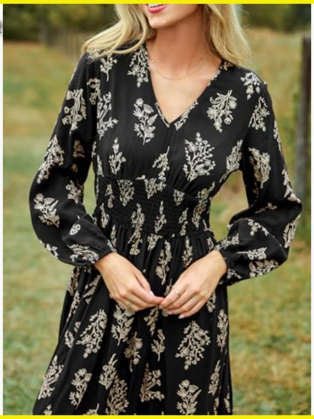 Floral Maxi Dress V Neck Long Puff Sleeve Smocked Waist Ruffle Boho Festival - Picture 5 of 6